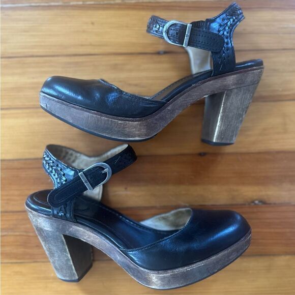Frye Jessie Mary Jane Clogs in Black Leather Wood Platform Heel Size 8.5 - Picture 1 of 8